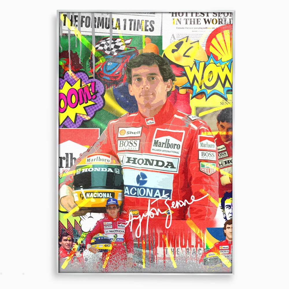Tablou canvas cu tablou canvas cu pilotul ayrton senna, in rama de aluminiu argintiu